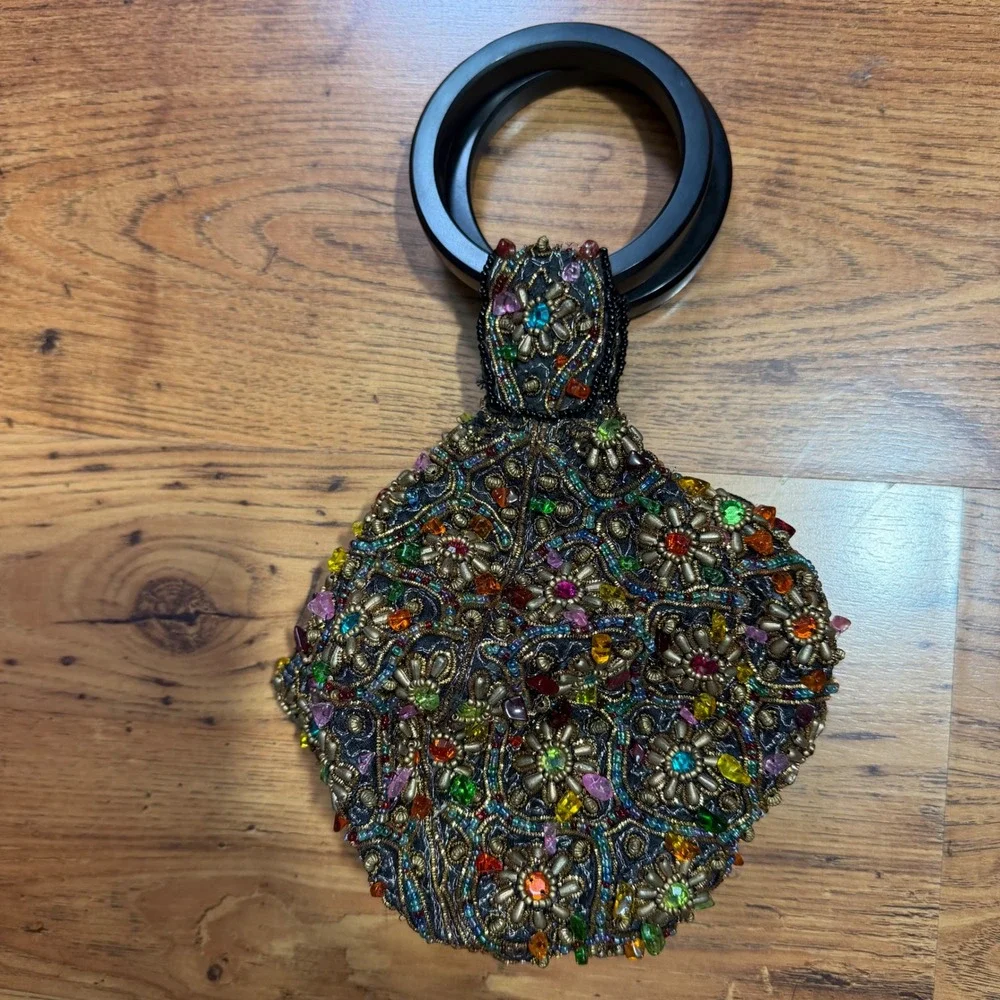 Bamboo Trading Company Beaded Ring Handle Evening Bag Multicolor Floral Mosaic